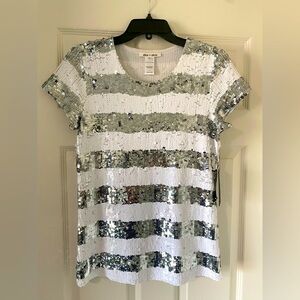 NWT Alice and Olivia stripe sequin tee shirt Large